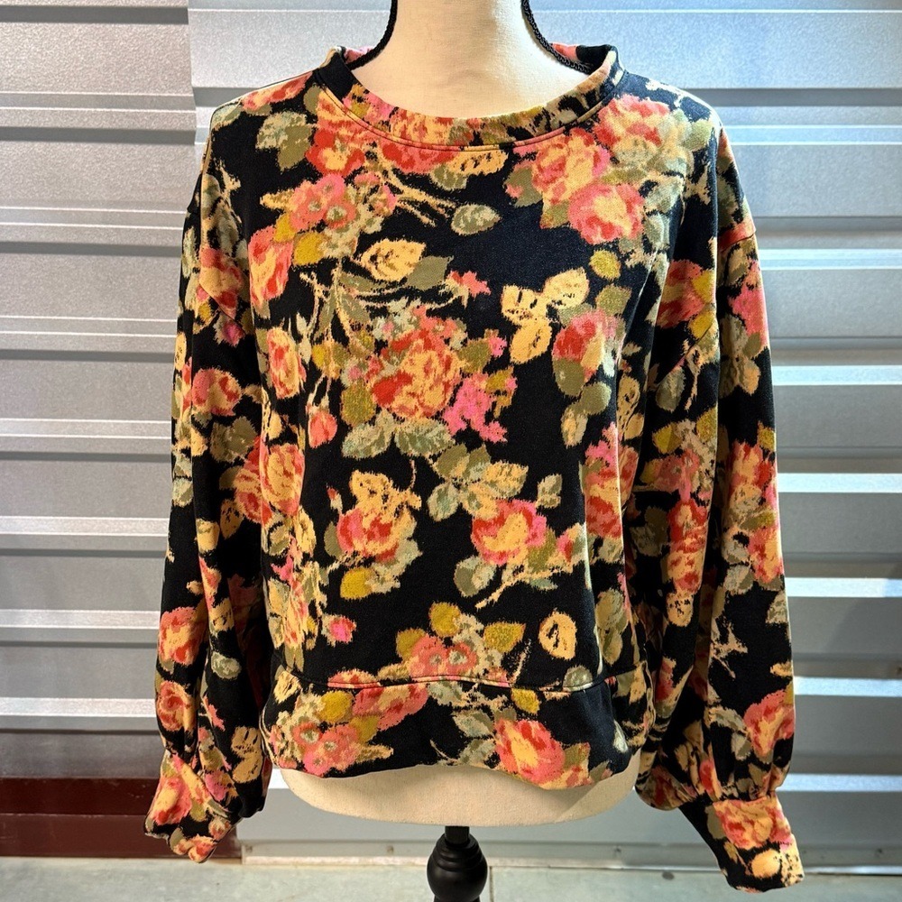 LOFT Floral Puff Sleeve Terry Sweatshirt Black Rose Print Cozy Fall Pullover M